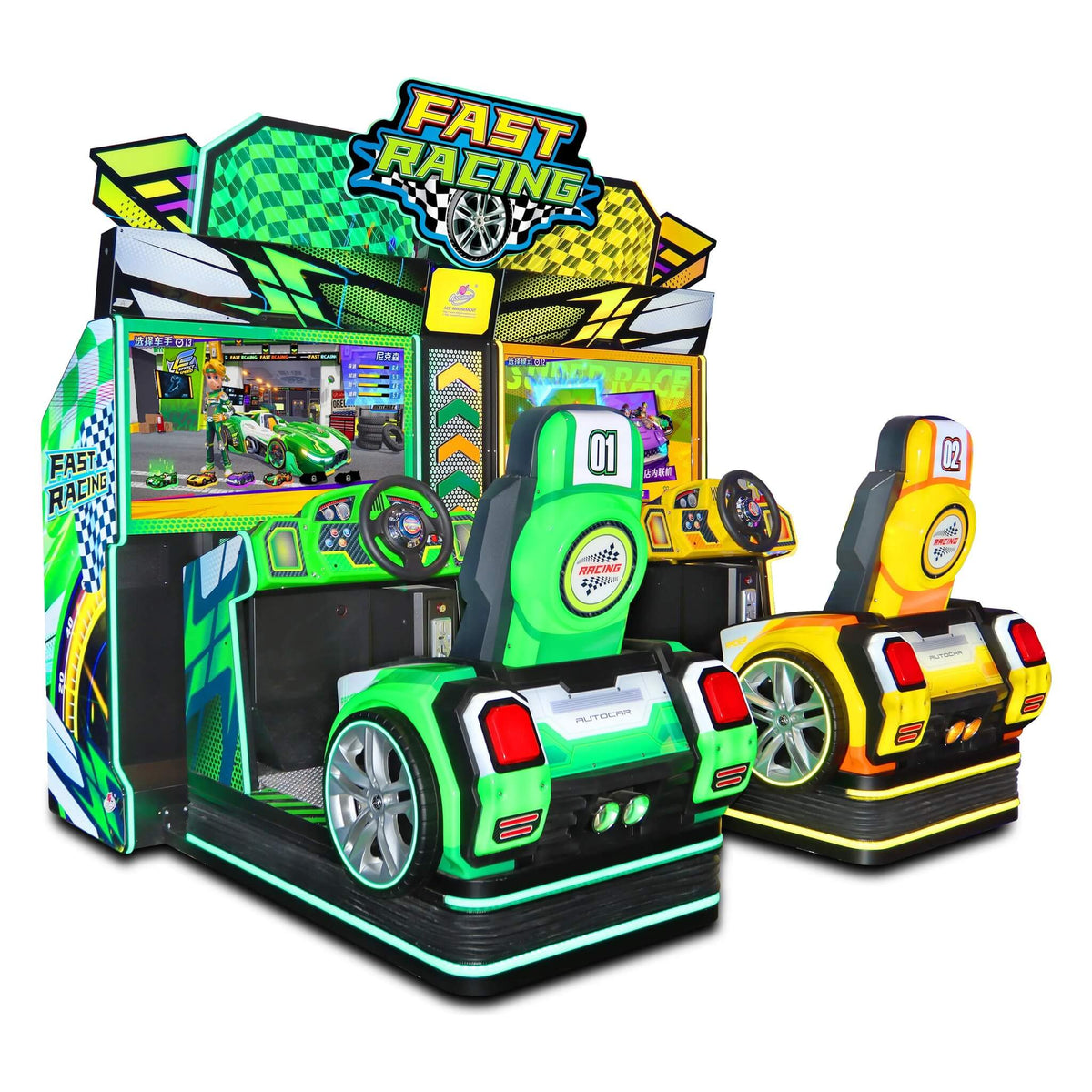 Fast Racing twin car racing arcade machine with green and yellow sports-car seats under a chequered sign