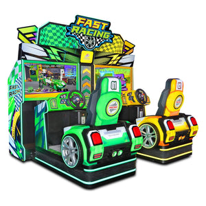 Fast Racing twin car racing arcade machine with green and yellow sports-car seats under a chequered sign
