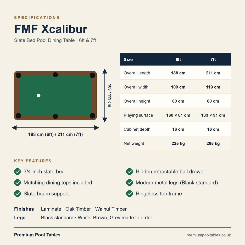 FMF Xcalibur pool dining table specifications: 6ft and 7ft dimensions, weights and key features