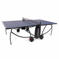 Blue Heemskerk 1850 indoor table tennis table with net, bat holder and wheels
