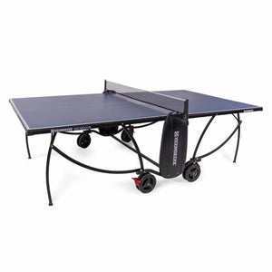 Blue Heemskerk 1850 indoor table tennis table with net, bat holder and wheels