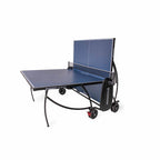 Blue Heemskerk 1850 indoor table tennis table with one half raised for solo practice