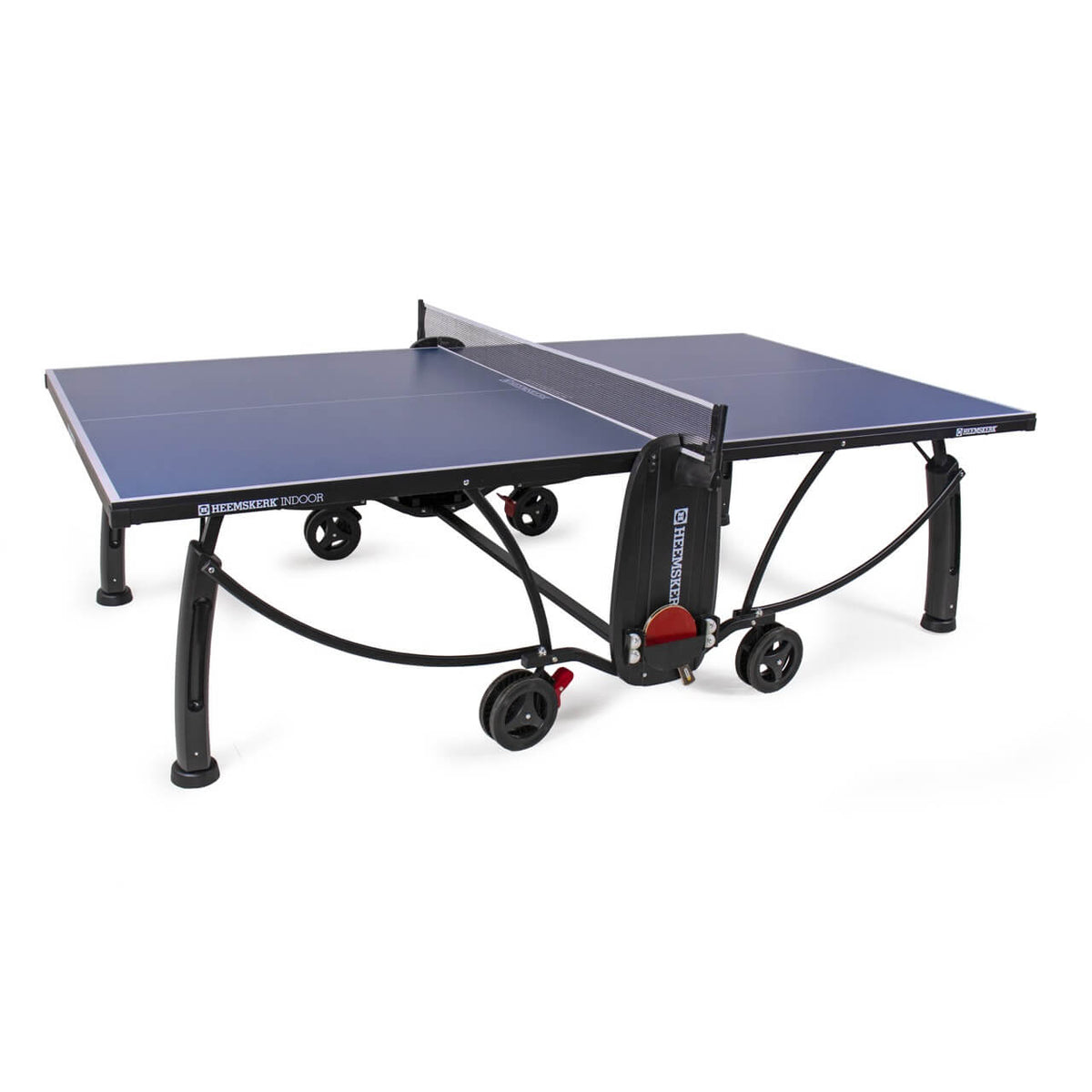 Blue Heemskerk 2250 indoor table tennis table with net, bat holder and wheels