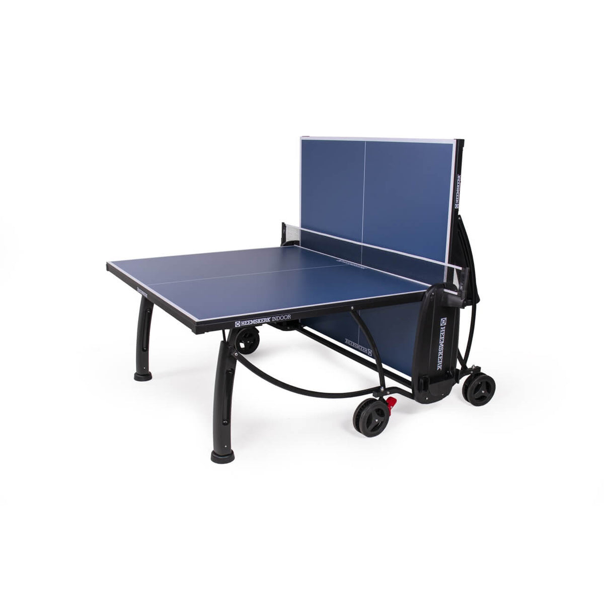 Blue Heemskerk 2250 indoor table tennis table with one half raised for solo practice