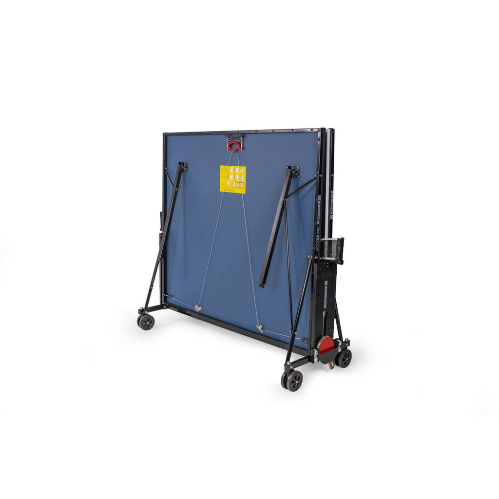 Blue Heemskerk 2250 indoor table tennis table folded upright for storage