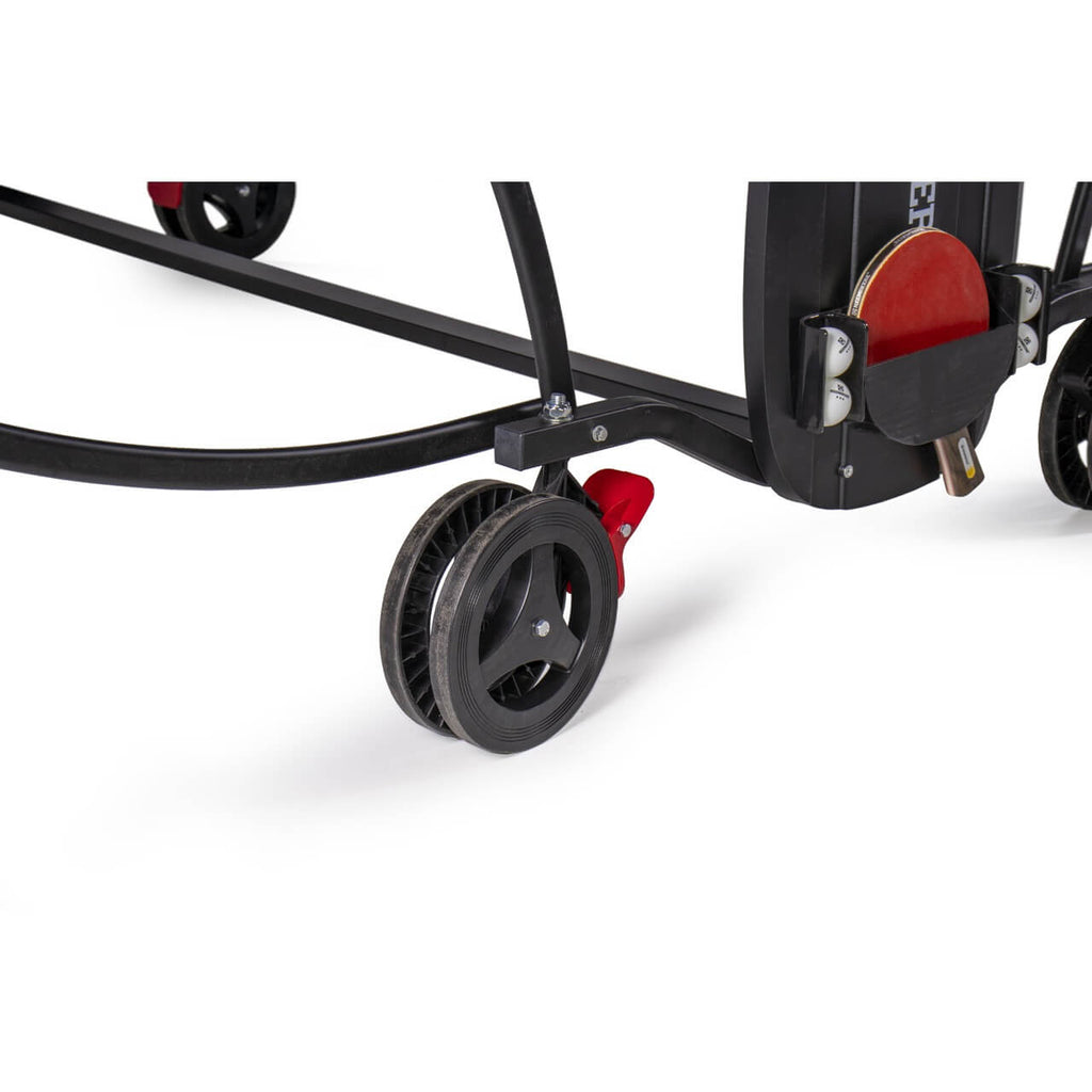 Wheel and red brake on the Heemskerk 2250 indoor table tennis table