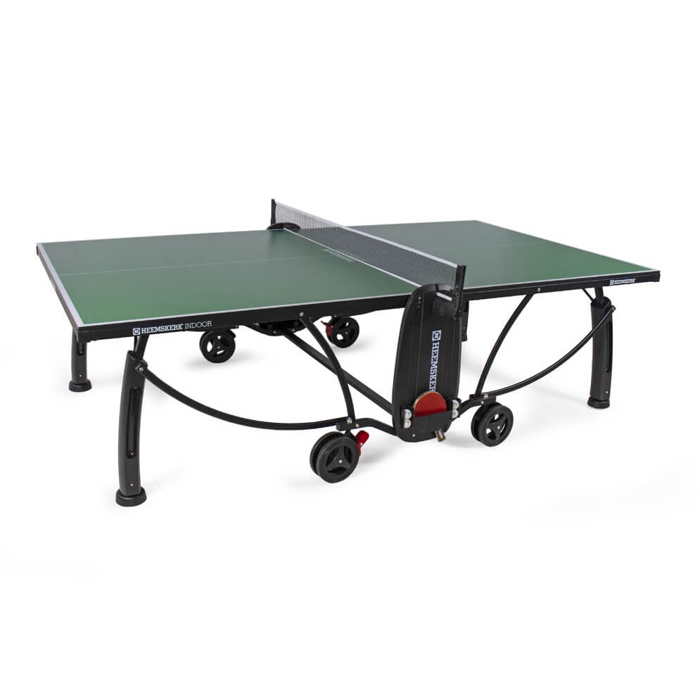Green Heemskerk 2250 indoor table tennis table with net, bat holder and wheels