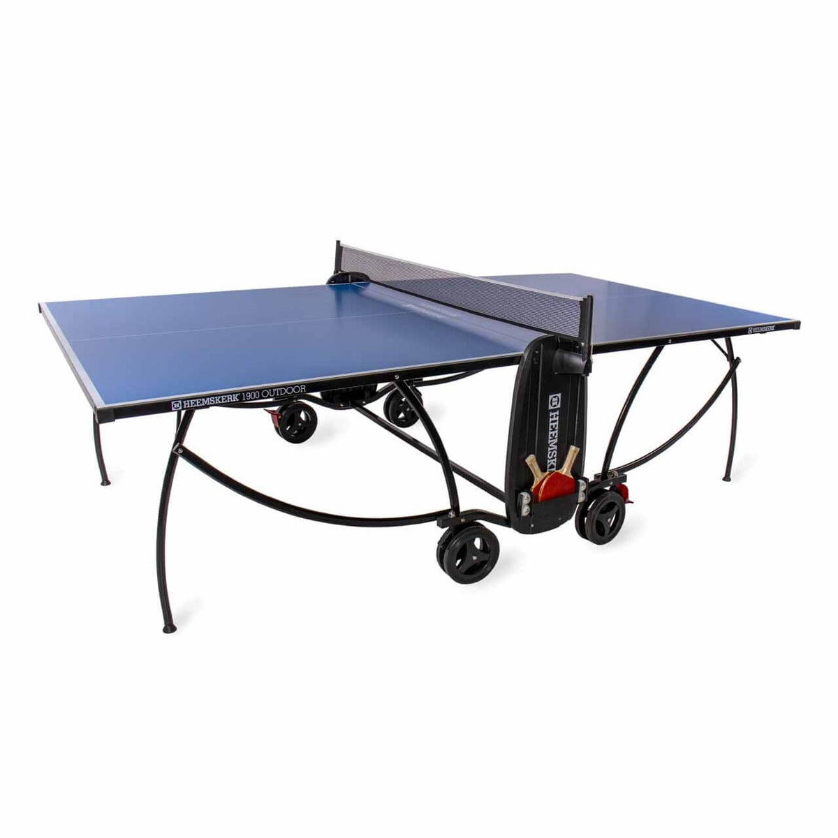 Blue Heemskerk 1900 outdoor table tennis table with net, bat holder and wheels