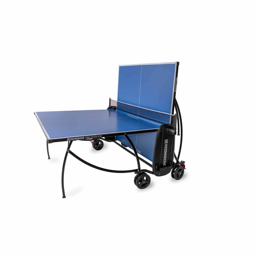 Blue Heemskerk 1900 outdoor table tennis table with one half raised for solo practice