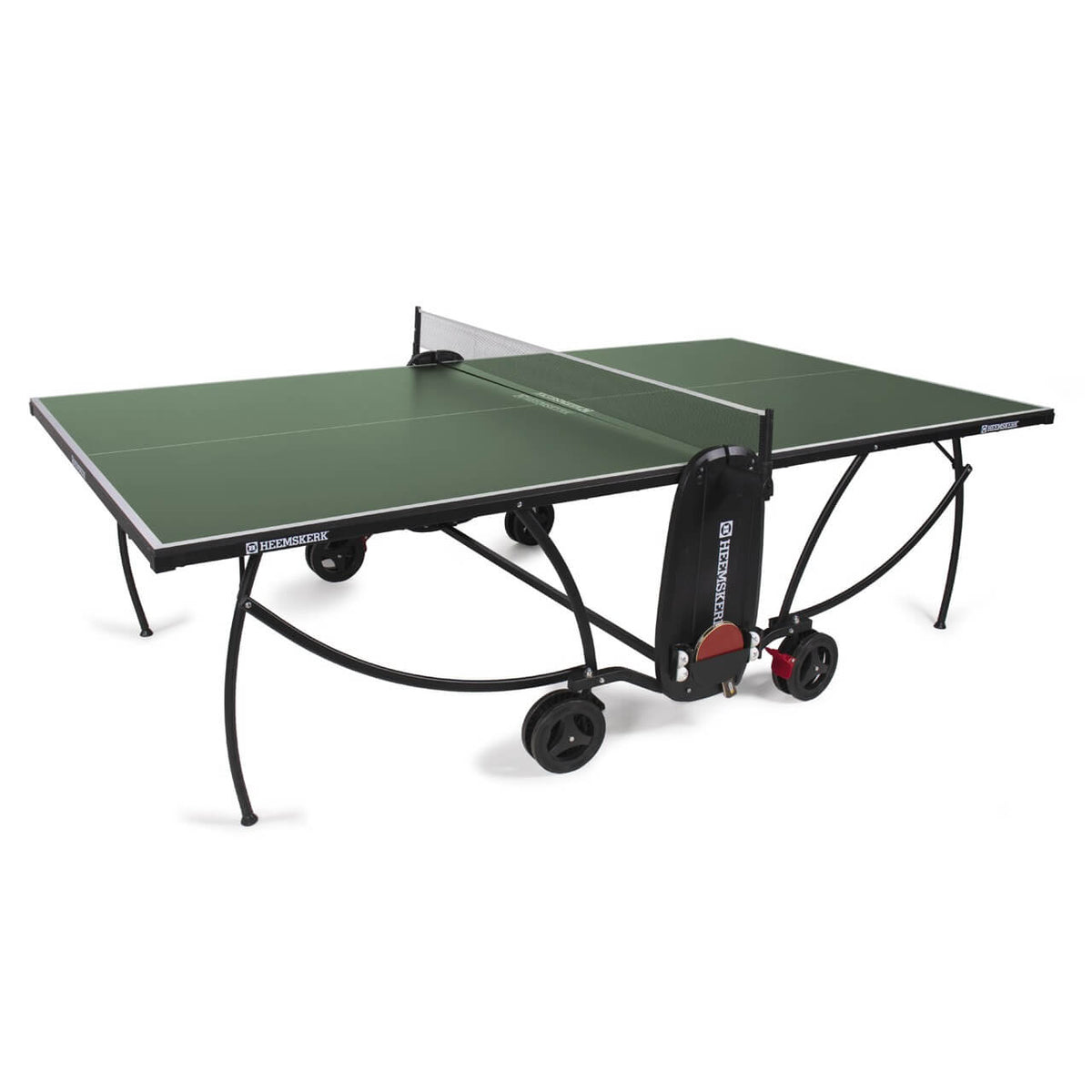 Green Heemskerk 1900 outdoor table tennis table with net, bat holder and wheels