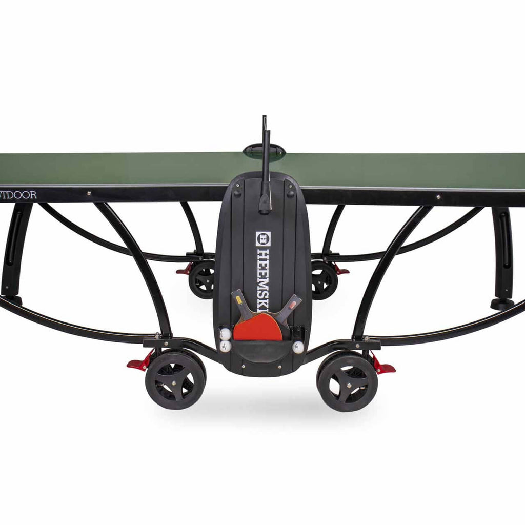 Bat holder and wheels on the frame of the green Heemskerk 2300 outdoor table tennis table