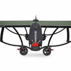 Bat holder and wheels on the frame of the green Heemskerk 2300 outdoor table tennis table