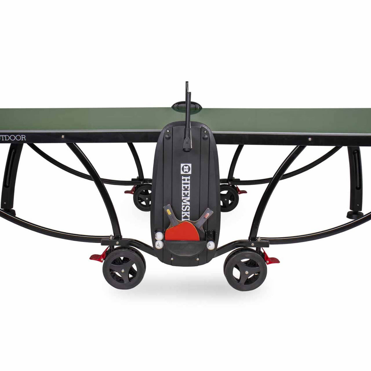 Bat holder and wheels on the frame of the green Heemskerk 2300 outdoor table tennis table
