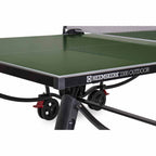 Edge trim and wheel of the green Heemskerk 2300 outdoor table tennis table