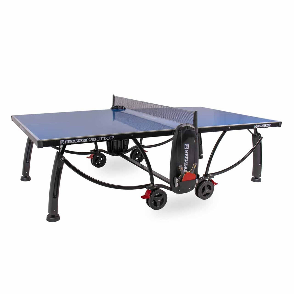 Blue Heemskerk 2300 outdoor table tennis table with net, bat holder and wheels