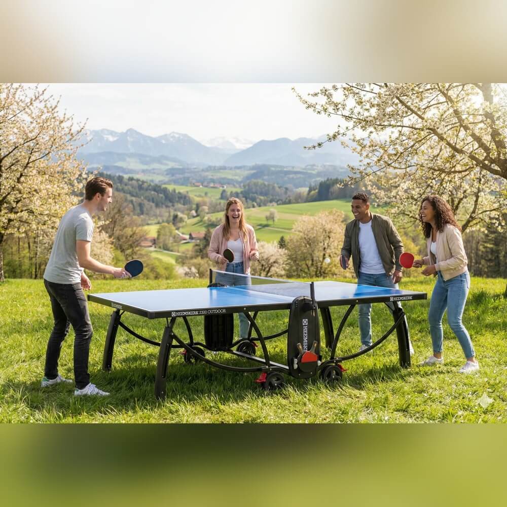 Four people playing doubles on a blue Heemskerk 2300 outdoor table tennis table in a meadow