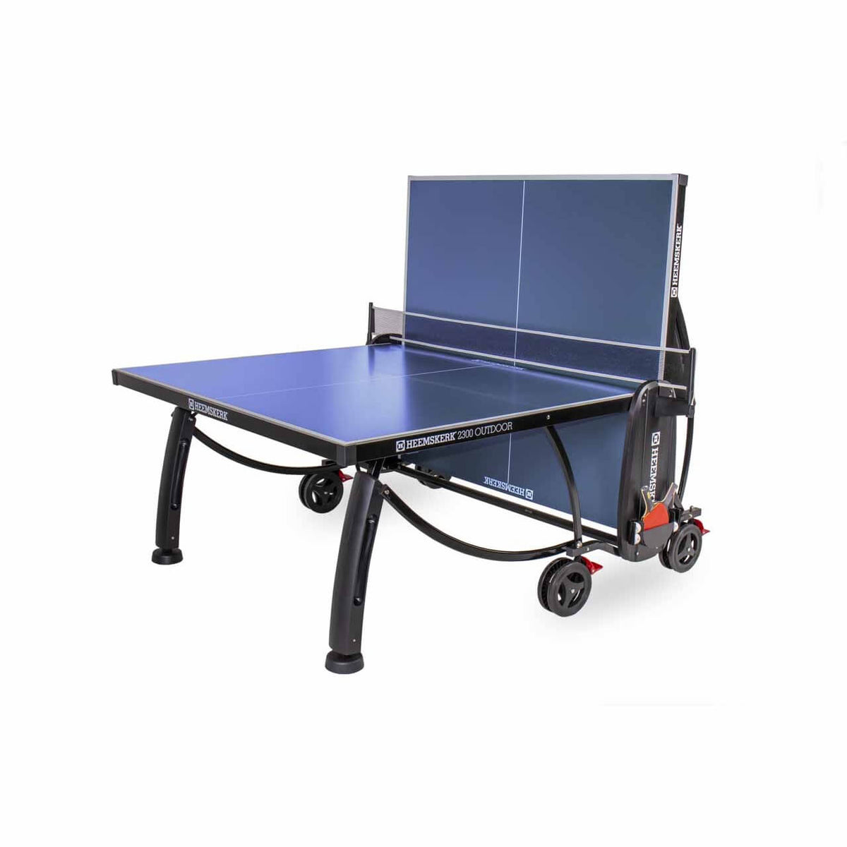 Blue Heemskerk 2300 outdoor table tennis table with one half raised for solo practice