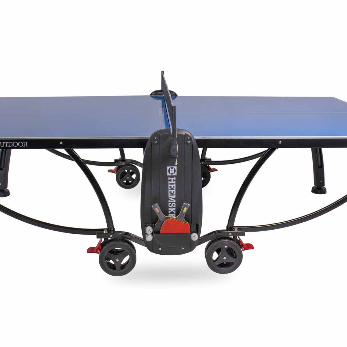 Bat holder and wheels on the frame of the blue Heemskerk 2300 outdoor table tennis table