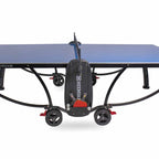 Bat holder and wheels on the frame of the blue Heemskerk 2300 outdoor table tennis table