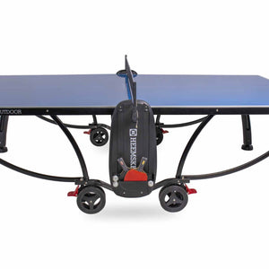 Bat holder and wheels on the frame of the blue Heemskerk 2300 outdoor table tennis table