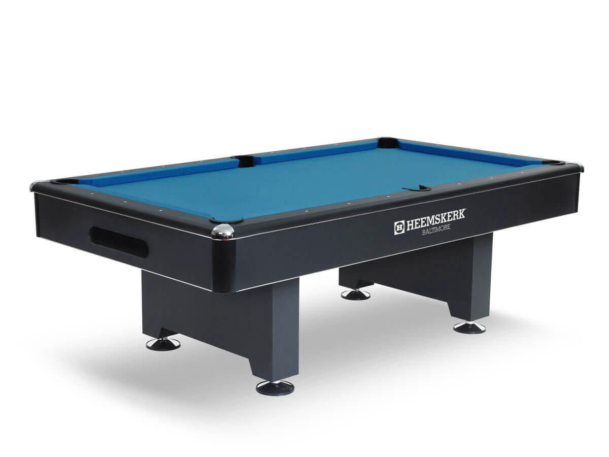 7ft Heemskerk Baltimore American slate-bed pool table with a black cabinet and blue cloth