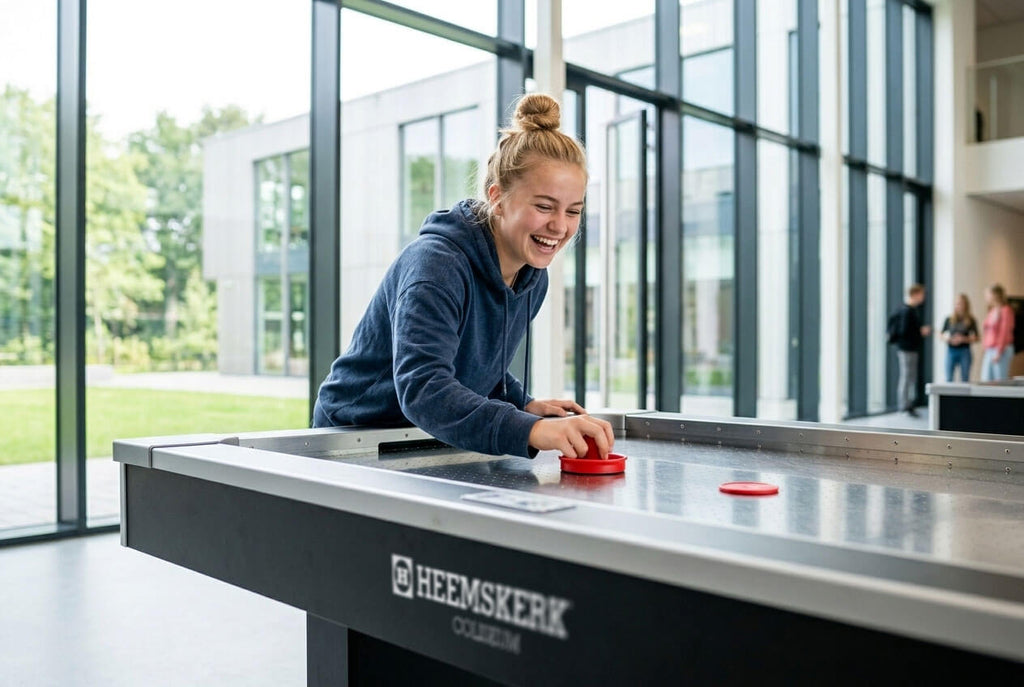 Student playing on the Heemskerk Coliseum air hockey table in a school with large windows