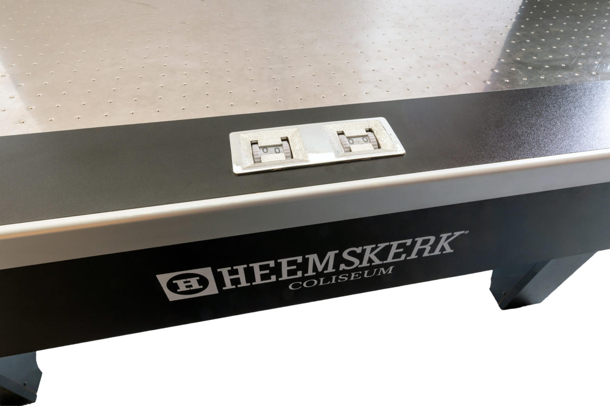 Close-up of the built-in score counter and Heemskerk logo on the Coliseum cabinet