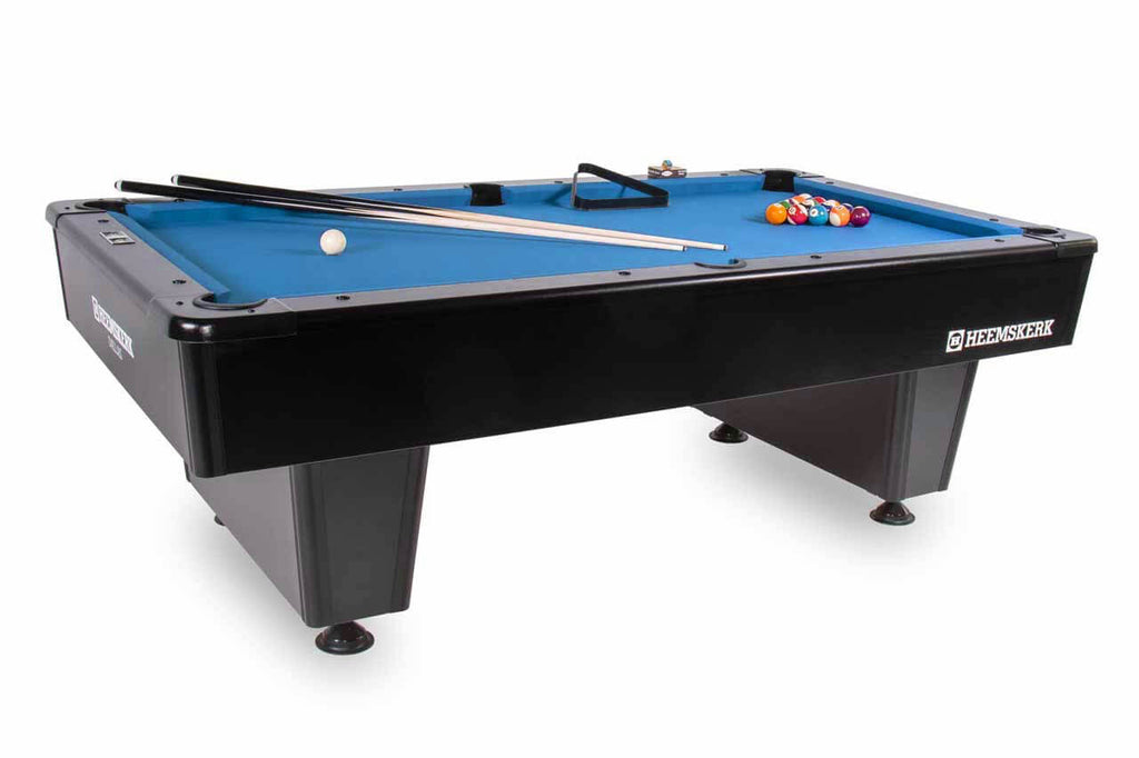 Heemskerk Dallas American slate-bed pool table with a black cabinet and blue cloth