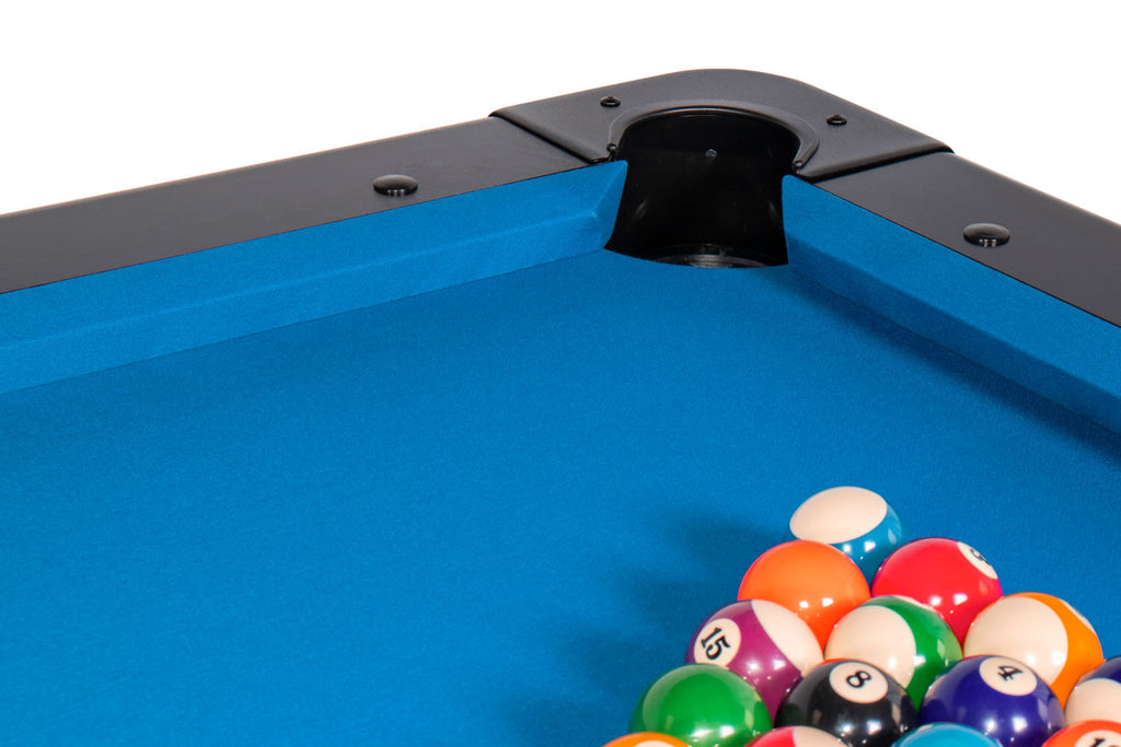 Pool balls racked in a corner of the Heemskerk Dallas with blue cloth and a black pocket