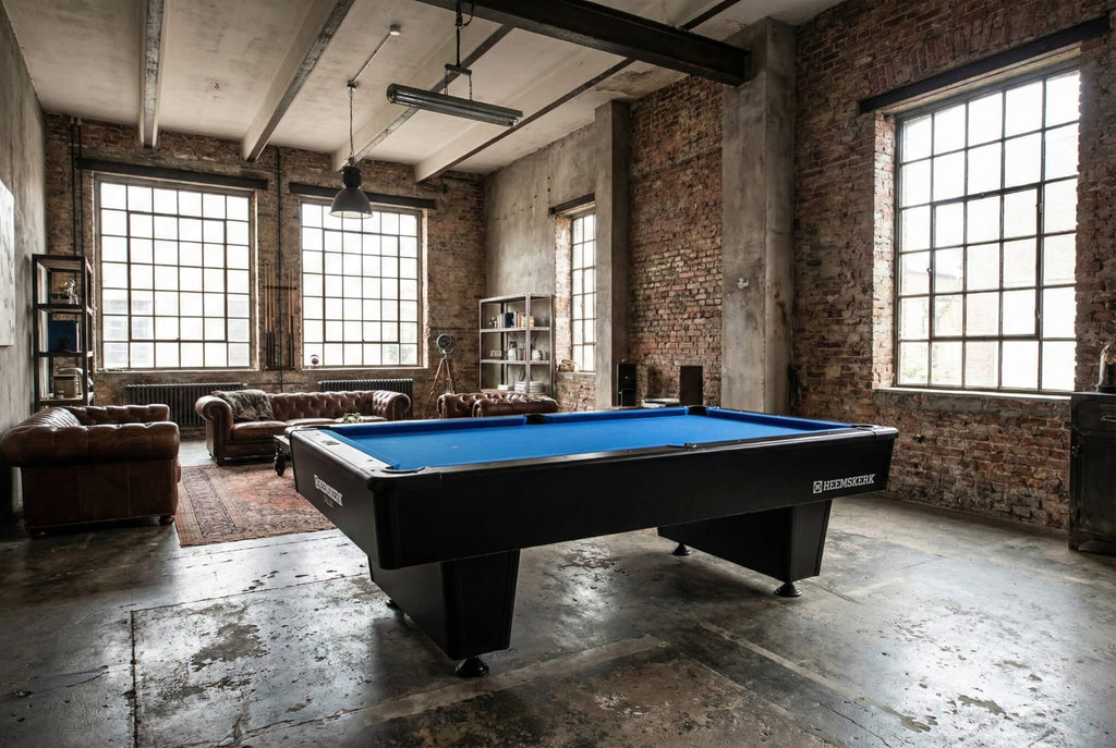 Heemskerk Dallas pool table with blue cloth in an industrial-style loft