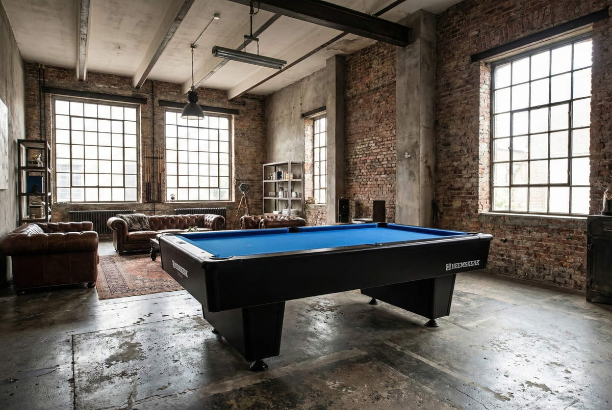 Heemskerk Dallas pool table with blue cloth in an industrial-style loft