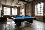 Heemskerk Dallas pool table with blue cloth in an industrial-style loft