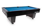 Heemskerk Dallas pool table with an empty blue playing surface, viewed from the corner