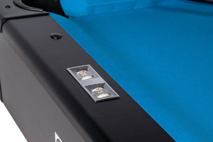 Close-up of the black rail and blue cloth on the Heemskerk Dallas pool table