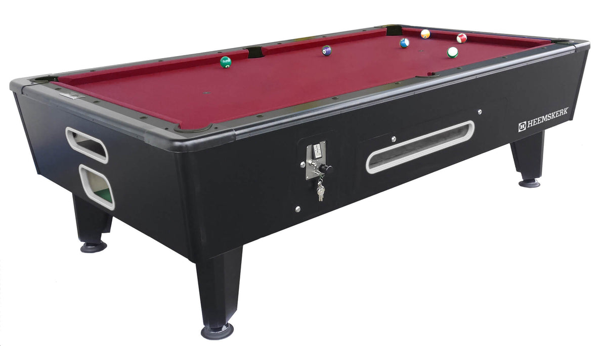 Heemskerk Kick Shot coin operated pool table with a black cabinet and burgundy cloth