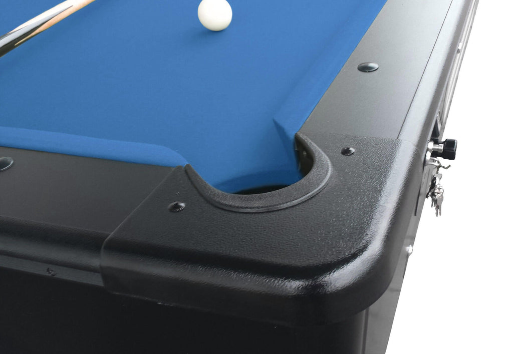 Close-up of the black cushion rail and corner pocket on the Kick Shot with blue cloth