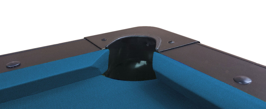 Close-up of a pocket on the Kick Shot pool table with blue cloth