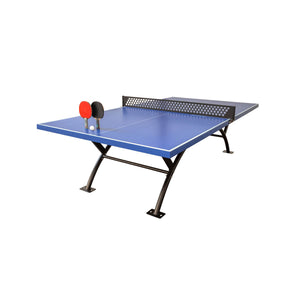 Heemskerk Lima outdoor table tennis table with blue top and steel net, shown with two bats