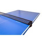 Perforated steel net and blue top of the Heemskerk Lima outdoor table tennis table