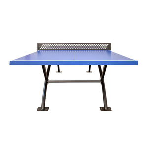 Heemskerk Lima outdoor table tennis table seen side-on, showing the steel legs