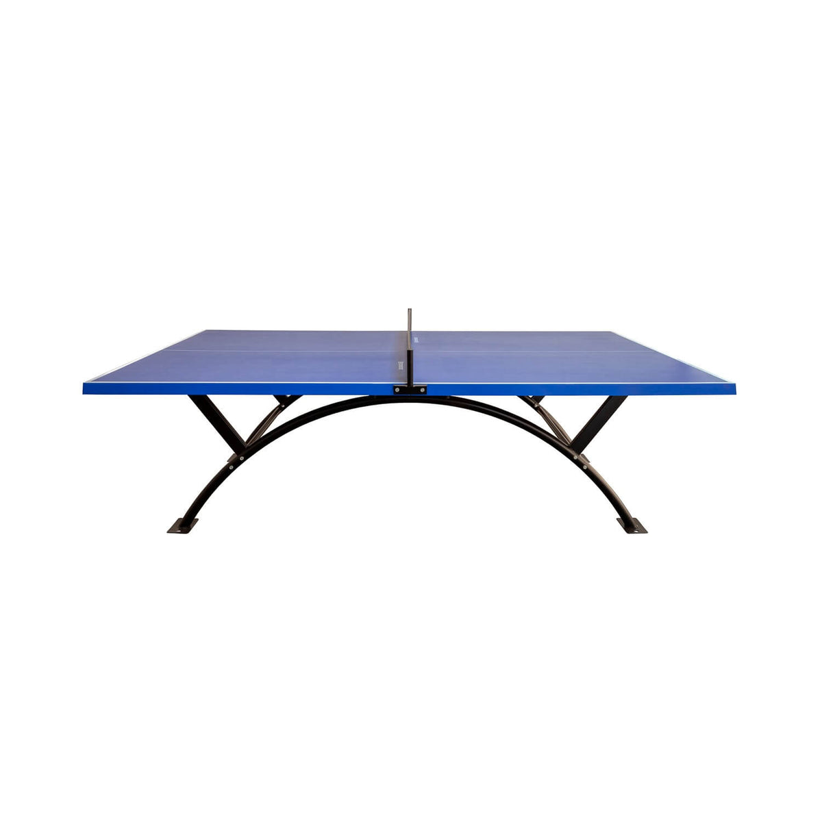 Heemskerk Lima outdoor table tennis table seen from the end, showing the arched leg frame