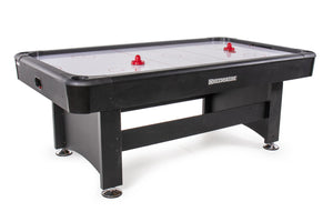Heemskerk Masterplay 6.5ft air hockey table in black with red pushers on the playfield