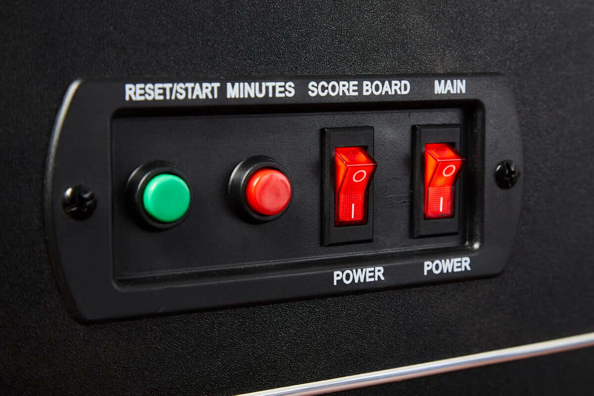 Navona control panel with reset/start and minutes buttons and power switches for the scoreboard and fan