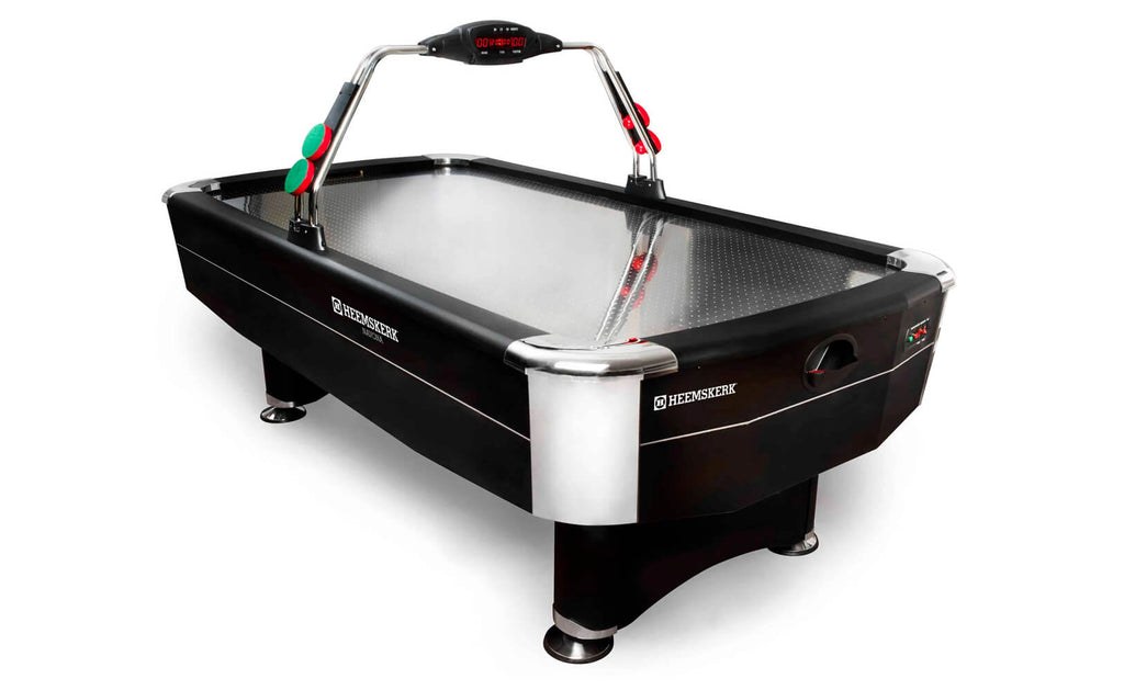 Heemskerk Navona 7ft air hockey table in black with chrome corners and overhead scoreboard
