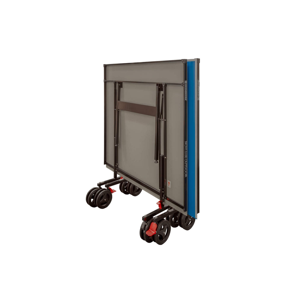 Heemskerk Novi 2100 outdoor table tennis table folded upright on its wheels