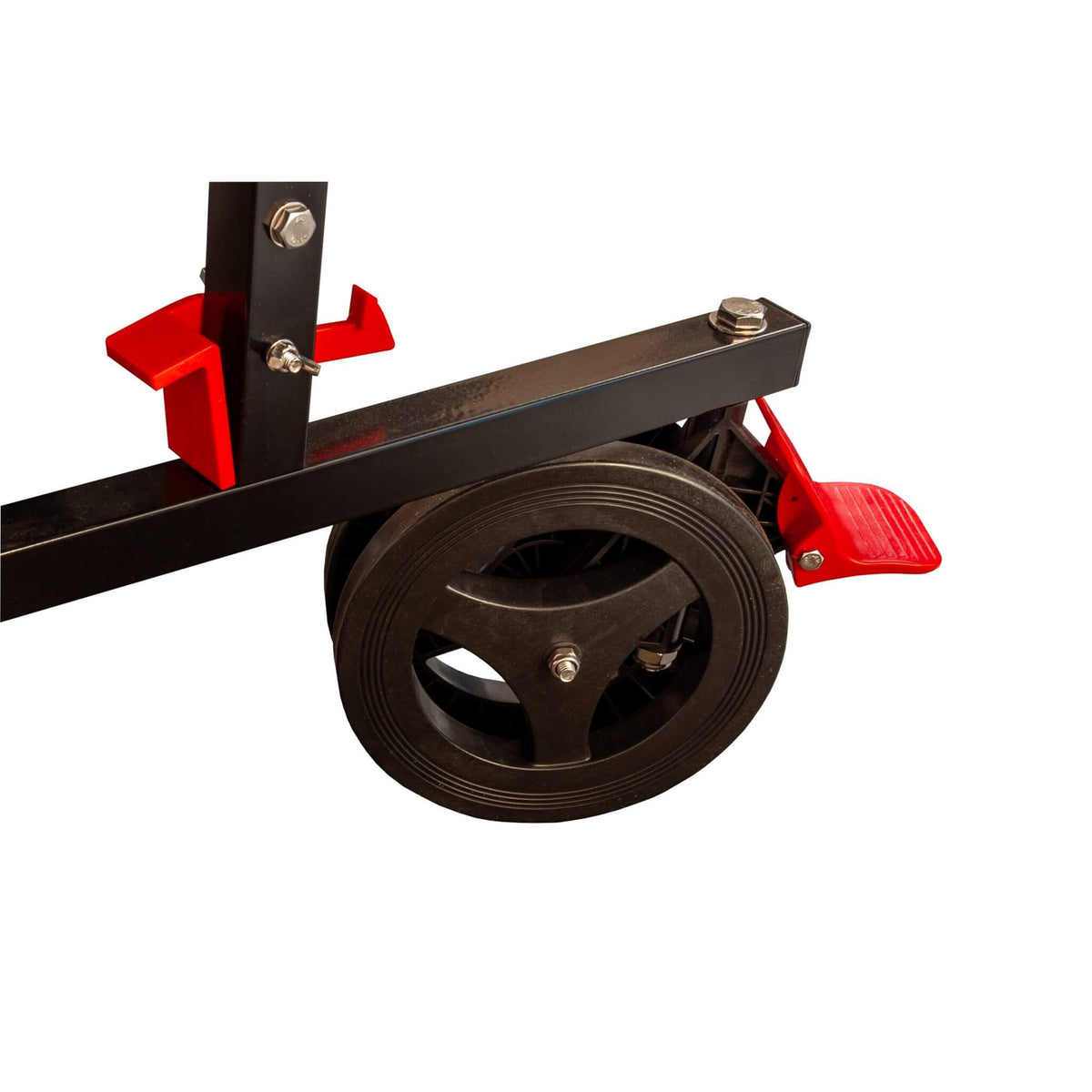 Wheel and red brake pedal on the Heemskerk Novi 2100 outdoor table tennis table