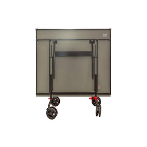 Underside of the folded Heemskerk Novi 2100 outdoor table tennis table on its wheels