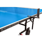 Corner of the Heemskerk Novi 2100 outdoor table tennis table showing the model name on the edge