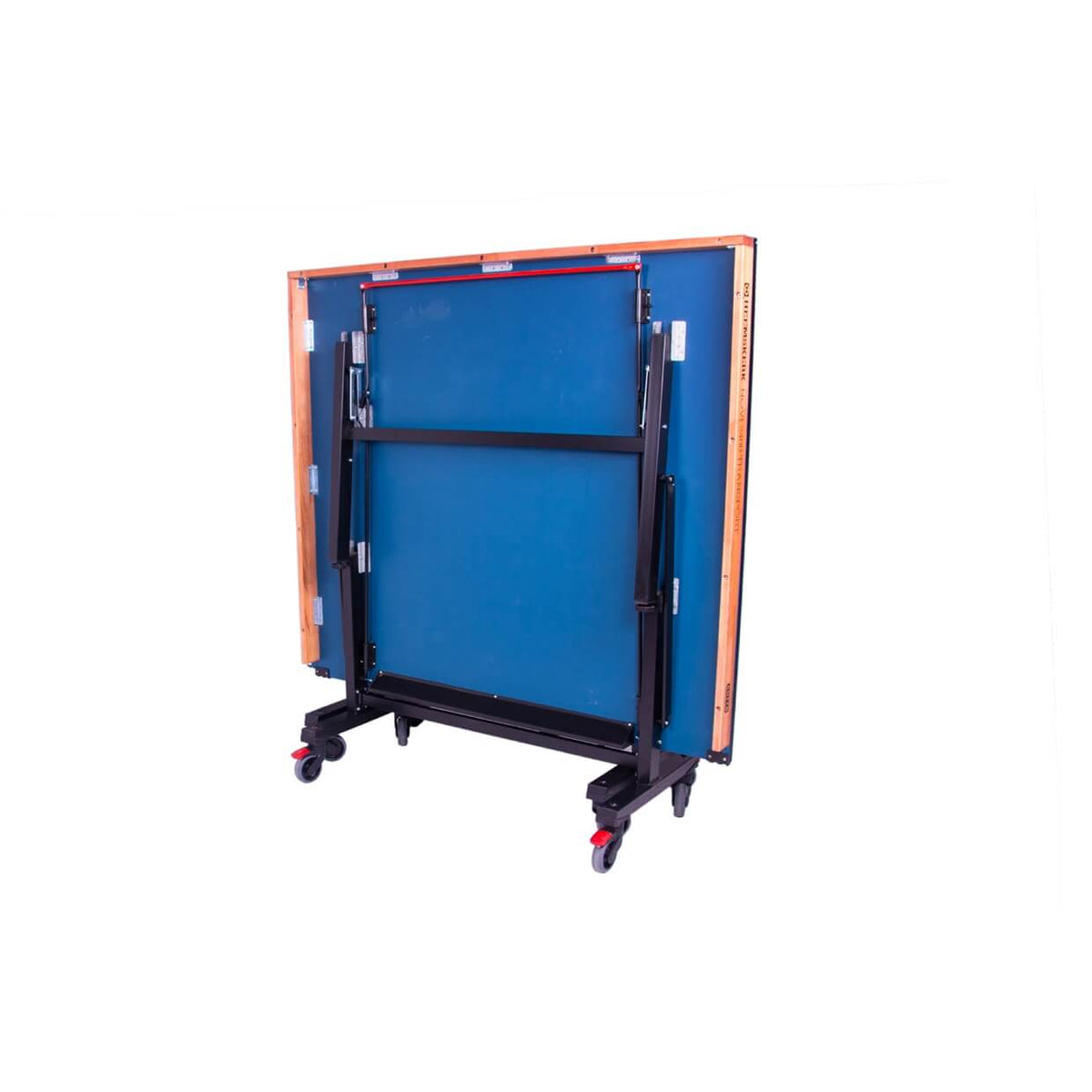 Blue Heemskerk Novi 2400 table tennis table folded, showing the playing surface