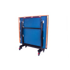 Blue Heemskerk Novi 2400 table tennis table folded, showing the playing surface
